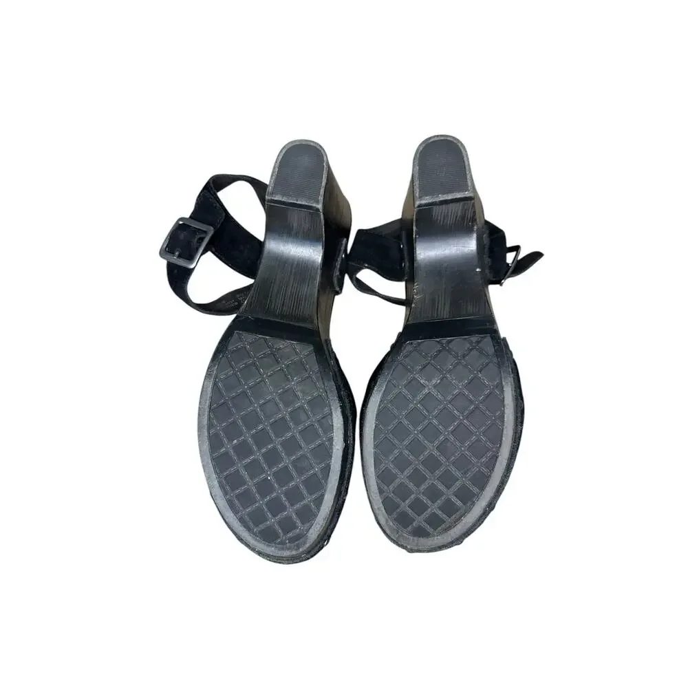 House of Harlow 1960 Black Suede Studded Clog Sandals Platform Ankle Strap Heels